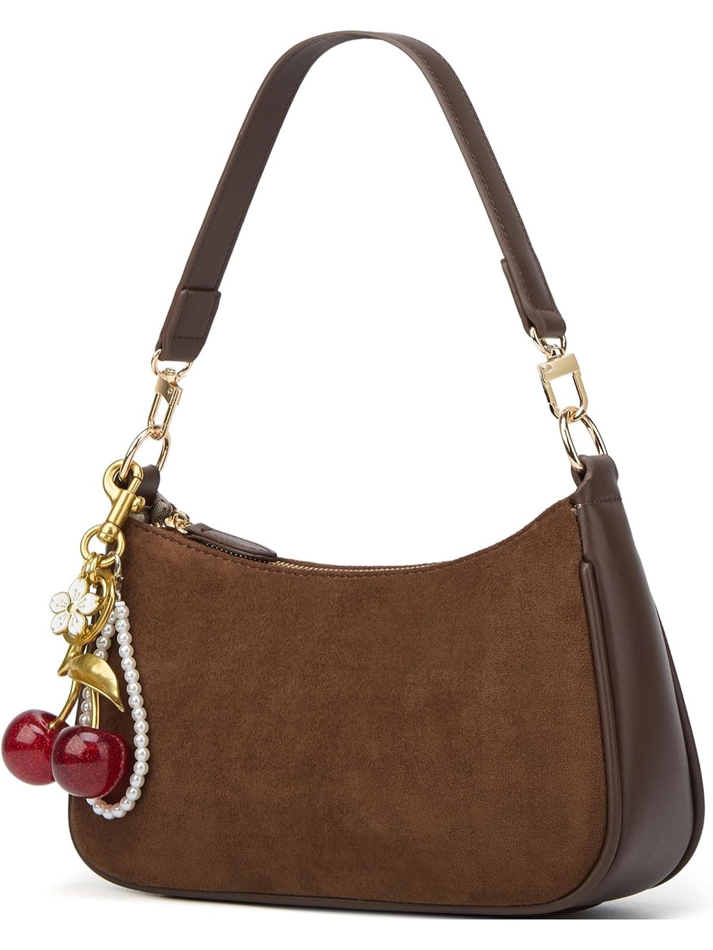 〽️ Women's Brown Suede Cute Hobo Cherry Clutch Purse Straps Shoulder Bags